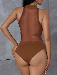 BamGleam Transparent Mesh Bodysuit With Palm And Chest Panels - Brown - View 2