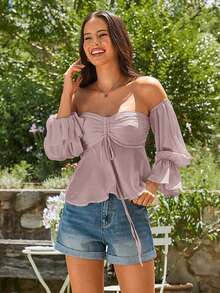 KARISMINA Blus Wanita Kasual Liburan Warna Polos Tanpa Bahu - Dusty Pink - View 6