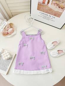 Cute & Elegant Baby Girl Summer Dress,White Colorblock Bow Tie Decor Purple Lavender Lilac Birthday Dress,Spaghetti Strap Birthday Outfit For Baby - Purple - View 9