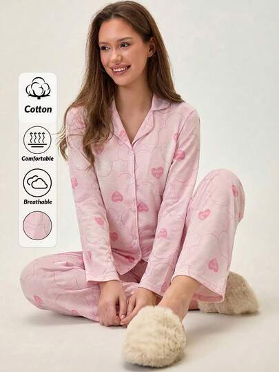 Loomlin Women 2 Pcs Button Front With Flowers&Heart Pattern Pocket Detail Long Sleeve Shirt&Pants Homewear Pajama Set