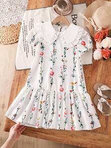 Emery Rose Kids 少女可爱休闲泡泡袖彼得潘领拼接连衣裙，领口饰有蝴蝶结 - 白色 - 查看 4