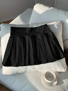 SHEIN Tall CURVE Chân váy chữ A xếp ly tối giản màu trơn cỡ lớn, phong cách thường ngày và sinh viên. - màu đen - Xem 6