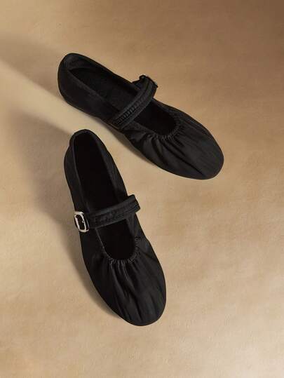 Mnmlis Pleated Satin Mary Jane Mule Shoes With Metal Buckle Decor, French Chic Casual Style, Lightweight Luxury Niche Vacation & Commute Versatile Soft Comfortable Minimalist High-End Design Slip-On Shoes