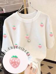 Resyla Damen Mode Lässig Dropped Shoulder Rundhals T-Shirt, Erdbeere Stickerei T-Shirt, Erdbeere Handtuch Stickerei T-Shirt, Lässig bequemes Outdoor T-Shirt, Ganzjahres T-Shirt, Obst T-Shirt