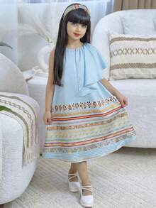 SHEIN Tween Girl Ruffle Asymmetric Print A-Line Sleeveless Dress Girls Turquoise Blue Dress Girls Modest Dress - Mint Blue - View 4