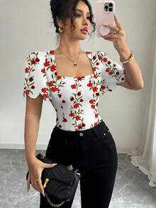 INAWLY Women's French Style Solid Color Shell Trim Puff Sleeve Cropped Top, Elegant Puff Sleeve Square Neck Fitted T-Shirt - White - View 1