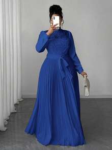 Maweii 大码女士优雅拼接收腰长裙 - 藍色 - 查看 6