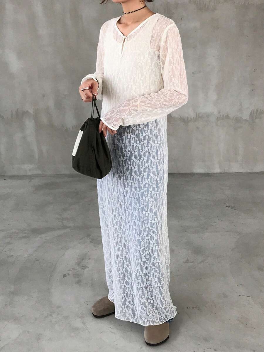 FRIFUL Women's Lightweight Sheer Lace Fabric Solid Color Dress With Trim Detail, Slim Fit, Versatile, Spring/Summer Maxi Dress Sundress - Beige - View 1
