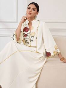 Al Najma Đầm Abaya dài tay cổ đứng thêu hoa vintage dành cho nữ, viền vàng. - trắng - Xem 1