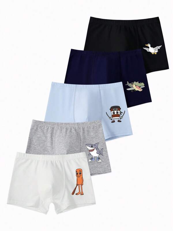 Young Boys Trunks-5 Pack With Playful Cartoon Prints Black Light Blue White Navy Grey Comfortable Stretch Waistband Supportive Pouch Soft Feel Everyday Wear Holiday Gift TwentyTwentySix All Season Essential Style Casual Toddler Boy Boxers Underpants For Boys Boys Boxers Kids Cartoon Boxers