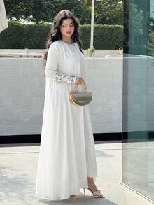 Yasmyna 女士花卉拼接亮片装饰长袖优雅长袍 - 白色 - 查看 3