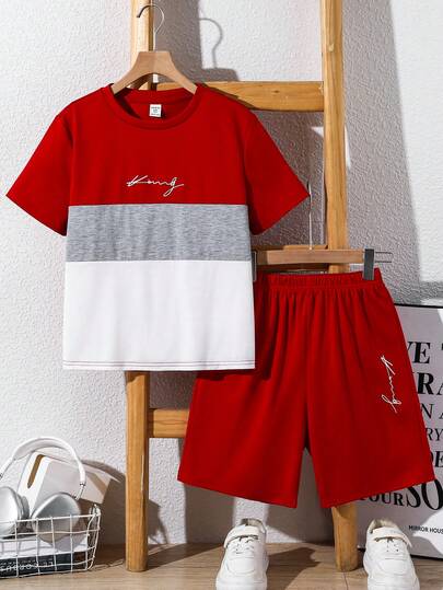 SHEIN 2pcs/Set Tween Boy Casual Color Block Letter Print Round Neck Short Sleeve T-Shirt And Shorts Set, Suitable For Commuting, School, Daily Casual Wear, Sports, Spring/Summer