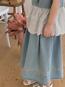 DAZY 2pcs Girls (Small) Round Neck Contrast Lace Denim Top And Denim Skirt Set, Fall Outfit - Blue - View 1