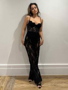 RebeccaVibe 纯黑色性感透明蕾丝连体裤，优雅女士内衣，日常约会装，外出装，派对装，不对称阔腿连体裤，情人节连体裤，休闲连体裤，优雅连体裤 - 黑色 - 查看 2