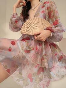 Vestido de manga larga con cuello en V con estampado floral rosa, estilo francés, vestido mini de línea A de gasa con cintura anudada, vestido de primavera estilo boho para vacaciones para mujer - Rosado Sandía - Ver 2