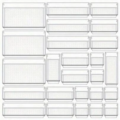Set di organizer per cassetti in plastica trasparente, organizer multifunzionali per cassetti per bagno e vanità, contenitori di stoccaggio per trucco, cucina e ufficio