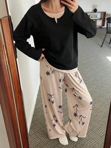 DAZY Women's Contrast Color Patchwork Knit Top & Allover Print Pajama Set - Black - View 6
