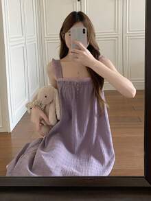 DAZY 条纹纹理雪纺面料荷叶边无袖宽肩带中长连衣裙，女士家居服 - 紫色 - 查看 12