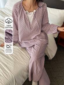 DAZY 波点印花宽松灯笼袖女士睡衣套装 - 紫色 - 查看 1