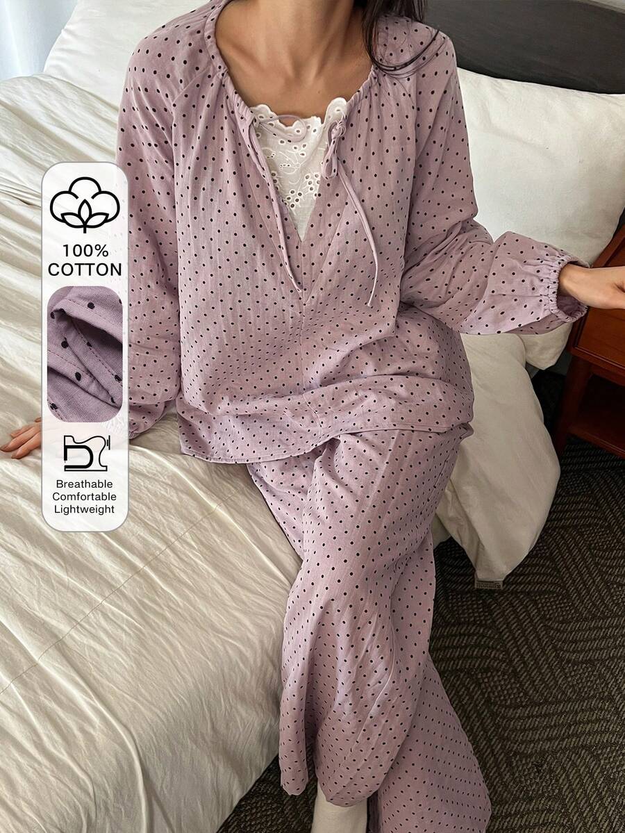 DAZY 波点印花宽松灯笼袖女士睡衣套装 - 紫色 - 查看 1