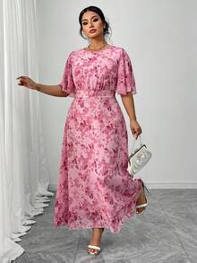 Modelyn Vestido de mujer talla grande con diseño elegante y romántico, estampado floral de gasa, cuello redondo, mangas tipo murciélago y diseño de cintura - Rosa - Ver 6