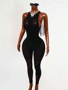 Mistrie Women's Sexy Hollow Out Mesh Sheer Jumpsuit - Black - View 3