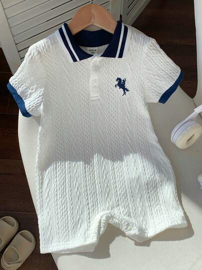 SHEIN Unisex Newborn Baby Boy/Girl Cute Contrast Color Patchwork Polo Collar Short Sleeve Romper, Spring/Summer Baby Boy Clothes, Outfits