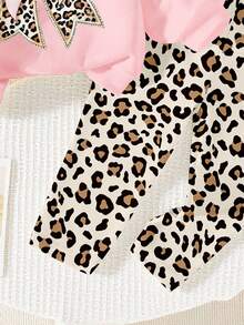 Conjunto de 2 peças para bebês meninas com estampa casual chique de leopardo, composto por moletom com capuz rosa com laço e calça legging com estampa de leopardo. Ideal para outono/inverno. - Multicolorido - Ver 5