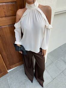 Siren Gaze Women's Elegant New Ruffle Off-Shoulder Chiffon Blouse, Autumn - Apricot - View 3