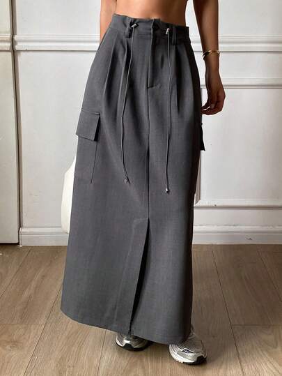 DAZY Solid Color Straight Elastic Waist Drawstring Pocket Long Casual Street Style Skirt For Women, Spring/Autumn
