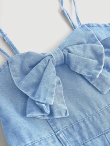 SHEIN Girlism Tween Girls Fall Clothes Trending Casual Cute Bowknot Plaeated Spaghetti Strap Denim Jumpsuit With Wide Leg Pants - Light Wash - View 3