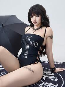 ROMWE Goth 女士暗黑哥特风沙滩度假吊带泳衣 - 黑色 - 查看 4