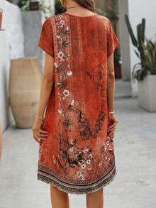 EMERY ROSE Women's Summer Short-Sleeved Dress With Geometric Pattern Print Loose Women Vacation Boho Casual Dress,Spring Dresses For - Orange - View 2