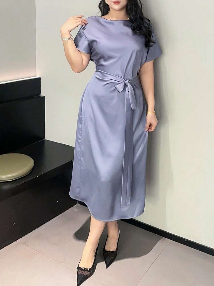 Dazy Plus Elegant Long Waist-Tie Fitted Plus Size Women Dress, Taffeta Fabric, Spring/Summer Dress Sundress