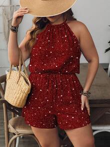 EMERY ROSE Bộ áo liền quần cổ yếm in họa tiết lấp lánh dành cho nữ cỡ lớn, thích hợp cho kỳ nghỉ, ngày Valentine. - Nhiều màu - Xem 3