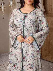 SHEIN Najma 大码女士阿拉伯风格印花长袖连衣裙 - 彩色 - 查看 8