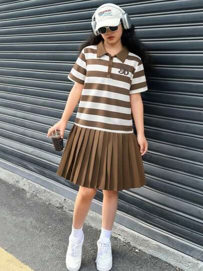 SHEIN Explorewe Spring/Summer New Casual & Elegant Teenage Girls' Short Sleeve Dress, Featuring Brown & White Striped Patchwork, Brown Trim On Collar & Cuffs, Brown Pleated Skirt With Natural Drape, Suitable For Daily Outings, Entertainment & Leisure Pleated Skirt For Girls Teen Girl Brown Set Teen School Clothes 2 Piece Set Brown Shirt Brown Skirt Brown Dress For Girls