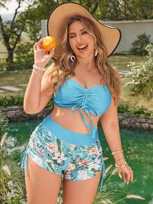 Swim Lushoire 2026 Neuer tropischer Blätter-Muster Farbblock Badeanzug Set in Große Größen, verstellbare Tunnelzugkordel Taille, Sommer Strand Urlaub - Verschiedenfarbig - Übersicht 4