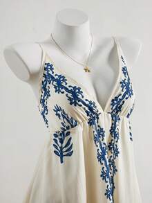 Elamini Summer Vacation Print Waist-Cinching A-Line Cami Dress - Navy Blue - View 4