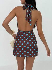 Aloruh 咖啡色和蓝色波点露背迷你连衣裙，Y2K风格优雅性感度假连衣裙 - 咖啡 - 查看 2