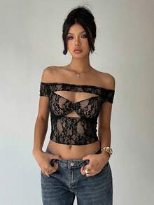Aloruh New Spring/Summer Black Elegant Sexy Y2K Music Festival Party Off-Shoulder Lace Sheer Cutout Bow Sheer Top - Black - View 4