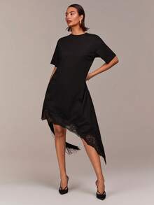 COSMINA 圆领短袖T恤裙，不对称下摆饰有蕾丝花边，独特T恤，时尚单品，夏季女式T恤，黑色T恤，休闲女式T恤 - 黑色 - 查看 3