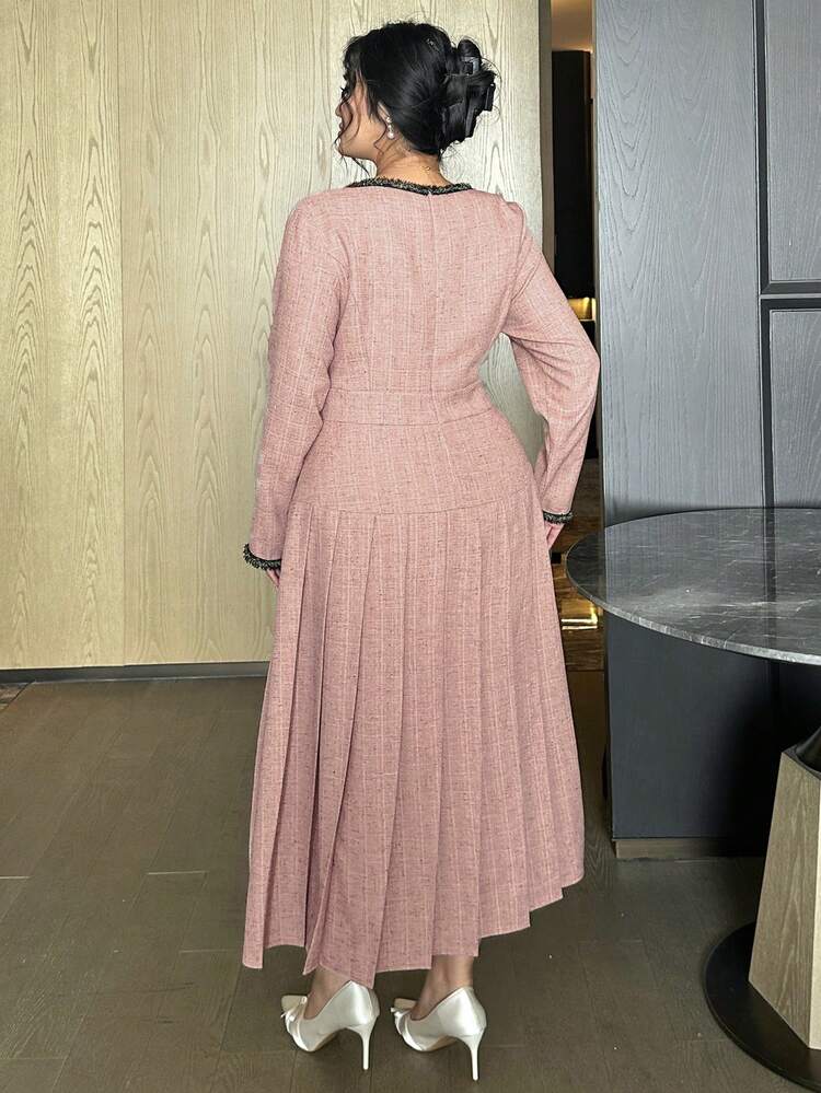 Dazy Plus Plus Size Color Block U-Neck Raglan Sleeve Pleated Elegant Dress Sundress