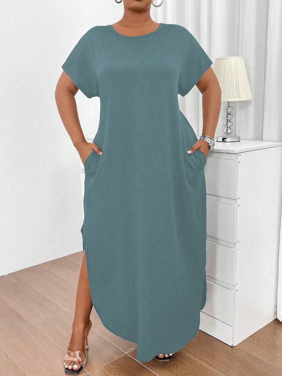 Flirla 大码女式纯色圆领带口袋连衣裙长款女装 - 霧霾藍 - 查看 1