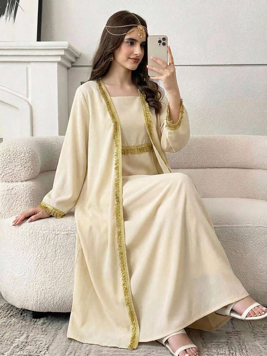 Teen Girl Elegant Patchwork Fringe Trim Bandeau Dress And Jacket Set - Apricot - View 1