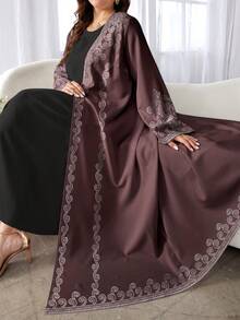 SHEIN Najma Áo khoác cardigan dài tay kiểu Abaya Ả Rập dáng maxi dành cho nữ cỡ lớn, họa tiết hoa điều cổ điển, thời trang thường ngày, thích hợp cho mùa xuân/thu. - Nhiều màu - Xem 3
