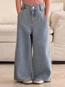 Dazy Kids Quần jeans ống rộng cạp cao, kiểu dáng thường ngày cho nữ, đã qua xử lý. - Rửa nhẹ - Xem 1