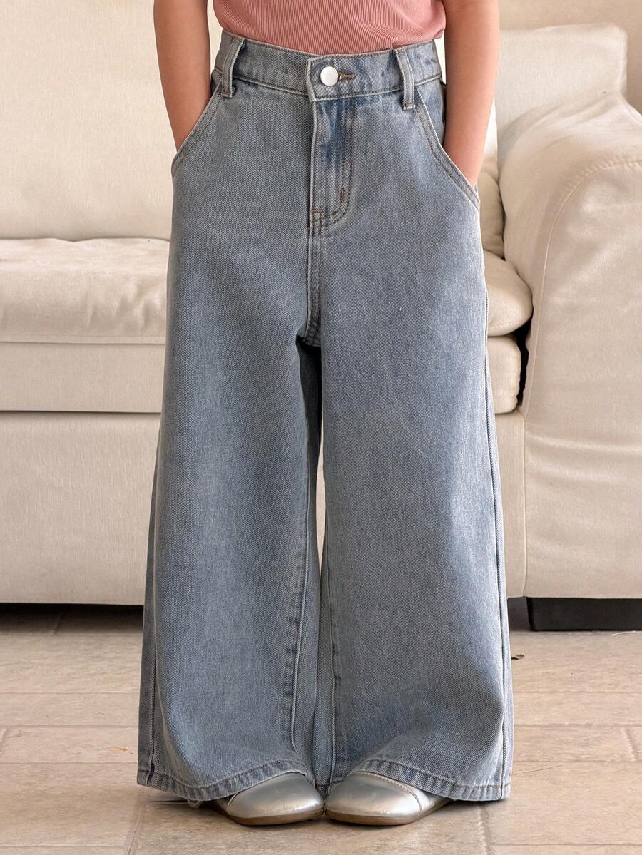 Dazy Kids Quần jeans ống rộng cạp cao, kiểu dáng thường ngày cho nữ, đã qua xử lý. - Rửa nhẹ - Xem 1