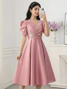 SHEIN 少女缎面羊腿袖A字型派对鸡尾酒裙 - 粉色 - 查看 3