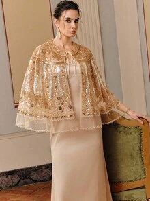 Anewsta Women's New Elegant Party Beaded Tie Shawl, Gold - Apricot - View 6